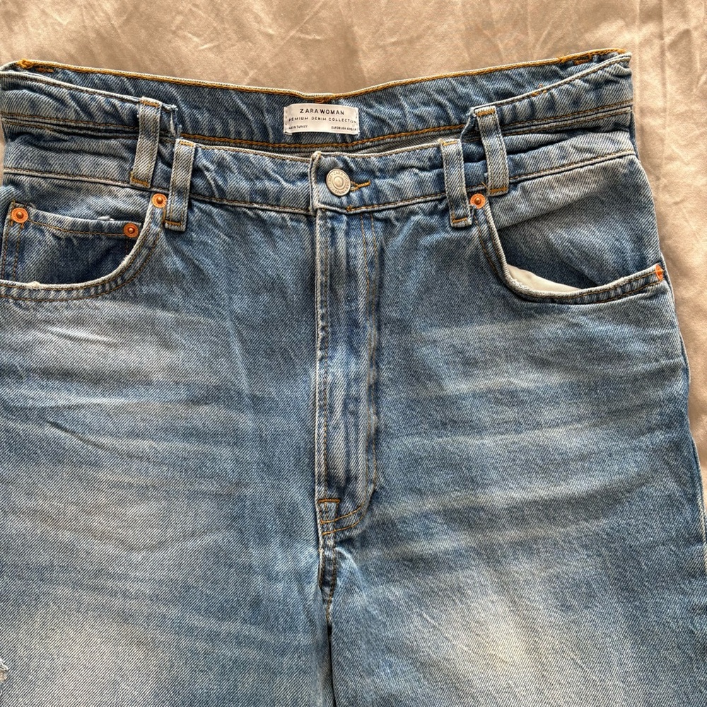 Zara Premium Denim Deconstructed Slanted Waistband Mid Blue Jeans Size US 6 NWOT - Picture 8 of 11